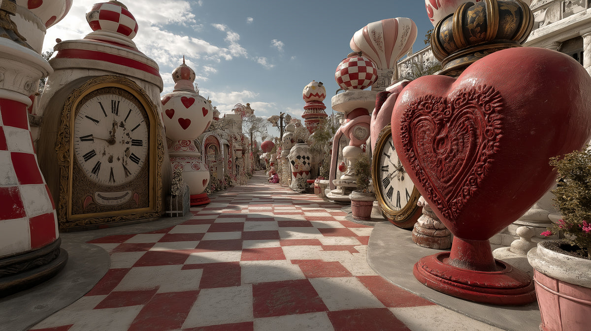 A surreal wallpaper mural depicting a checkered path, giant red heart sculptures, and vintage clock faces.