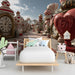 A whimsical playroom featuring a large Wonderland mural on the main wall with playful furniture.