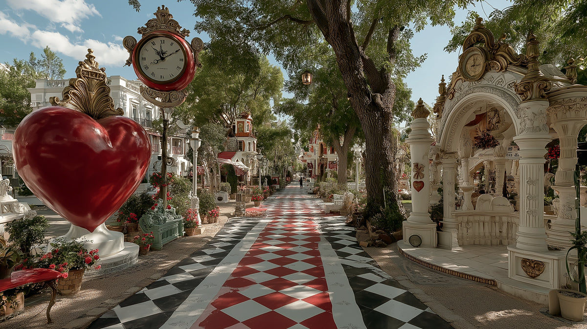 A surreal mural featuring a checkered path with oversized hearts, clocks, and ornate white archways in a garden setting