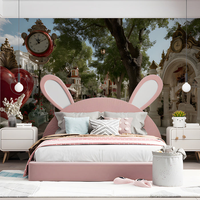 A whimsical home office styled with a storybook-themed checkered garden wallpaper