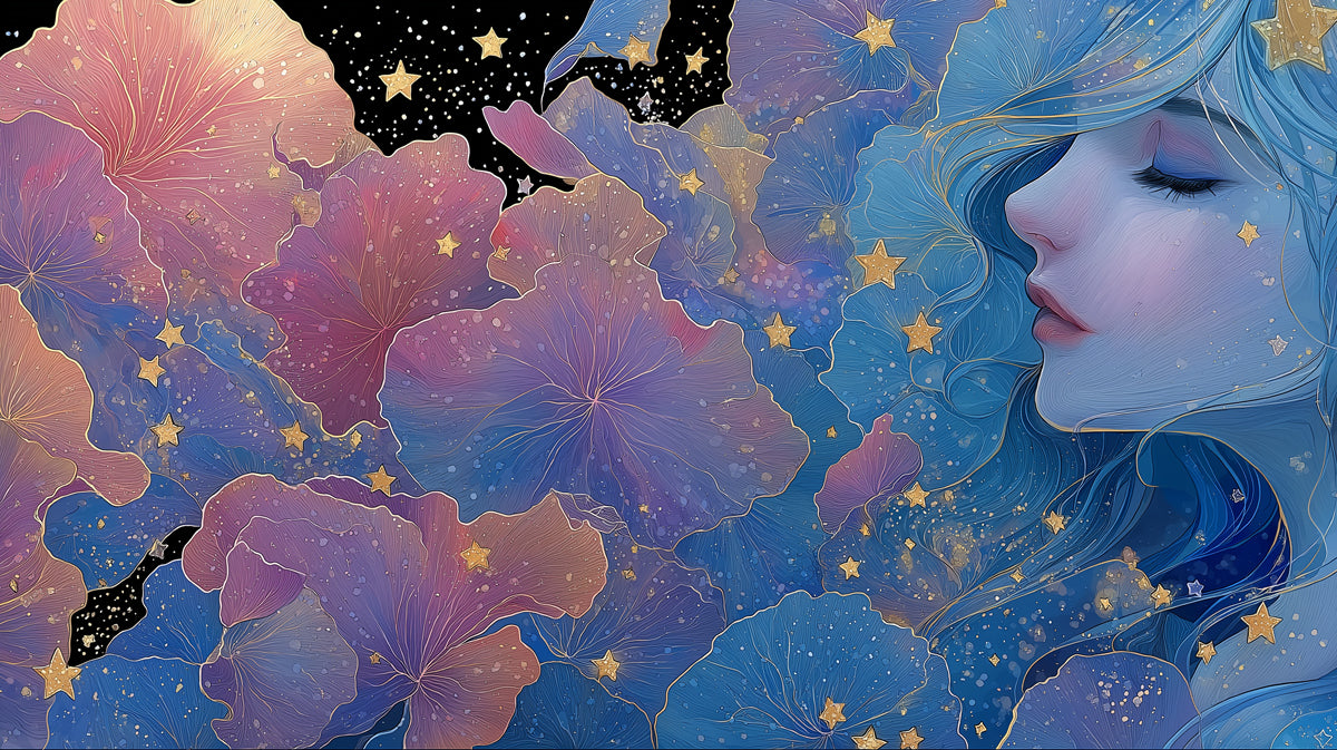 Celestial mural wallpaper featuring a sleeping woman with flowing blue hair and golden stars on a dark background