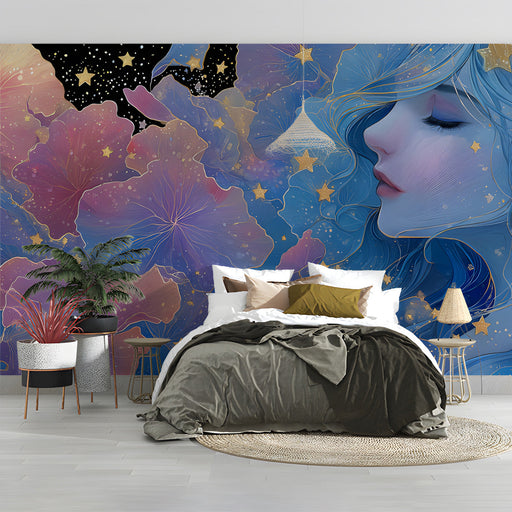 An imaginative nursery design featuring the Celestial Dreamer mural as a gentle accent wall