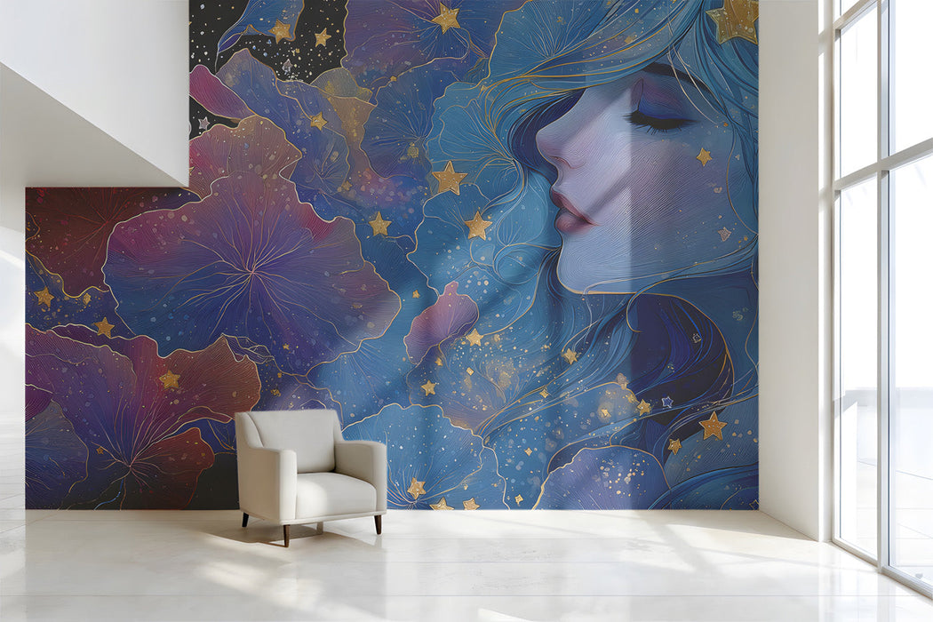 Close-up of a whimsical celestial wallpaper pattern installed in a serene modern bedroom
