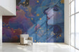 Close-up of a whimsical celestial wallpaper pattern installed in a serene modern bedroom