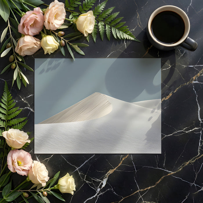 Serene bedroom interior with a calm desert dune mural behind a headboard in soft neutral tones