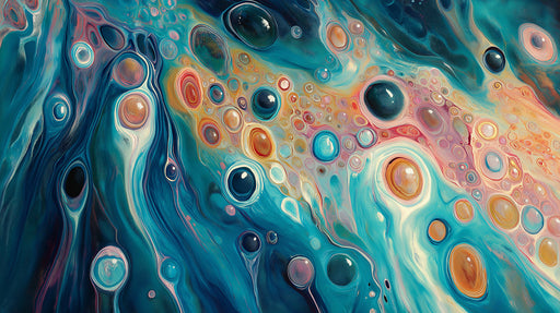 Abstract fluid art wallpaper featuring swirling sapphire blue and warm amber bubble motifs.