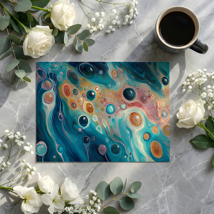 Modern office space with a dynamic, painterly blue and amber fluid art feature wall.
