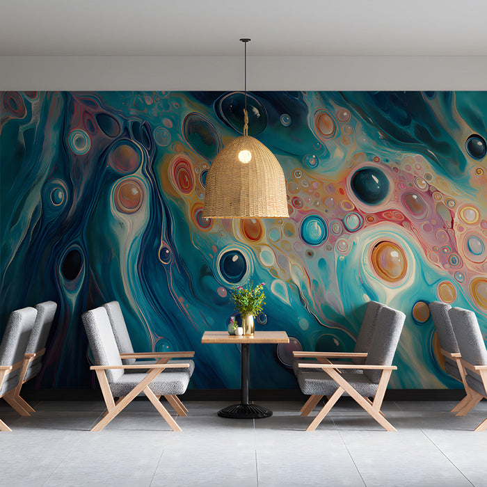 Dining room interior featuring a large-scale abstract mural with organic, swirling pigment patterns.