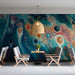 Dining room interior featuring a large-scale abstract mural with organic, swirling pigment patterns.
