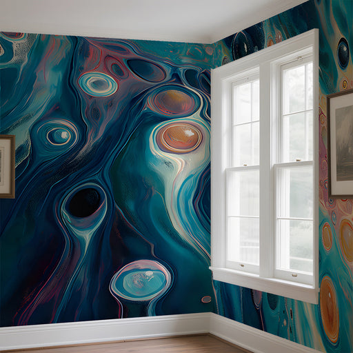 Living room wall featuring a vibrant, liquid-style abstract mural in shades of blue and gold.