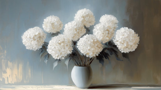 Oil painting style wallpaper pattern of white hydrangea flowers in a vase against a blue and taupe background.