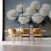 Minimalist home study office with an elegant painterly floral wallpaper backdrop.