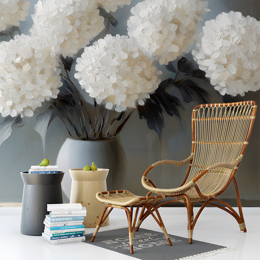 Floral mural installed on a bedroom wall behind a plush upholstered headboard.