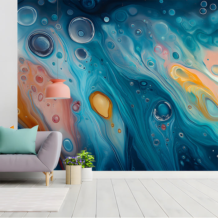 Contemporary dining room with a vibrant, artistic fluid motion mural on the main wall, paired with light wood decor