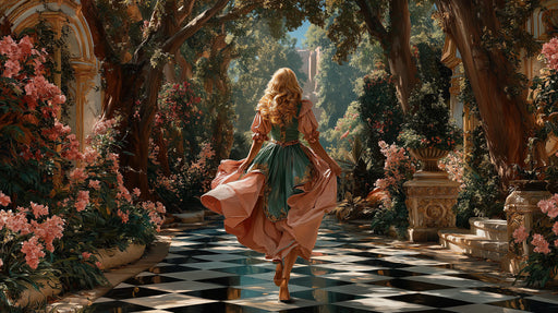 Oil painting style wallpaper mural of a woman in a flowing dress walking down a checkerboard garden path with pink flowers