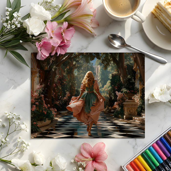 Bedroom wall decorated with a romantic garden path mural featuring lush green trees and pink blossoms