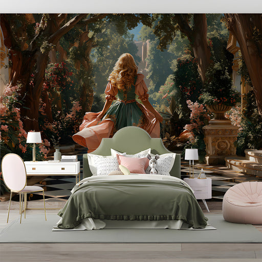 Entryway wall mural showing a magical garden path with stone urns and a whimsical checkerboard marble floor