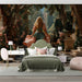 Entryway wall mural showing a magical garden path with stone urns and a whimsical checkerboard marble floor