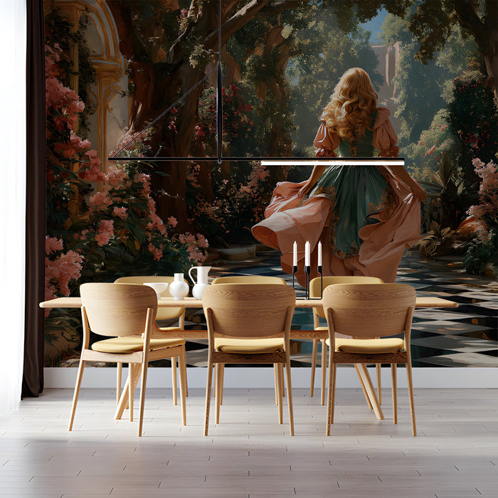 Living room wall featuring a fantasy garden mural with a checkerboard floor and blooming pink floral borders