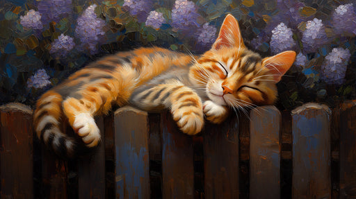 Oil painting style mural of a sleeping ginger tabby cat on a dark wooden fence with purple lilac flowers
