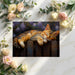 Relaxing bedroom wall mural showcasing an artistic tabby cat illustration above a wooden headboard
