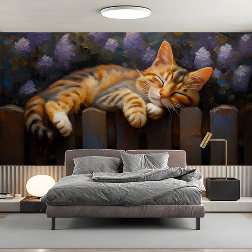 Whimsical reading nook interior with a painterly cat and lilac wallpaper pattern