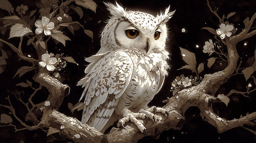 Monochrome mural wallpaper featuring a detailed owl perched on blooming branches against a dark background