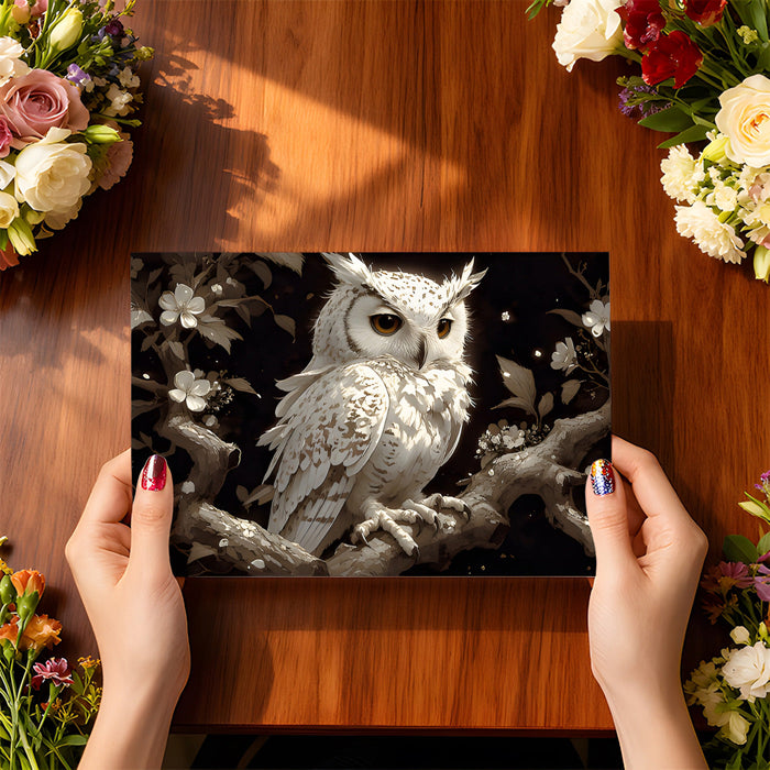 A dimly lit bedroom featuring an atmospheric owl mural on the wall behind the bed frame