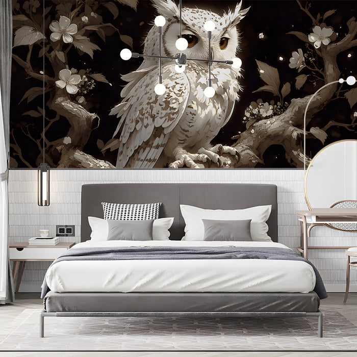 Close-up of a dark, elegant library space featuring a nature-inspired owl and blossom wall mural