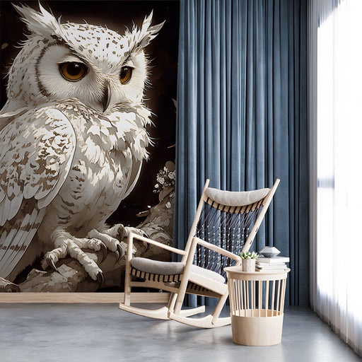 Moody owl-themed wallpaper installed in a sophisticated home study with dark wooden furniture