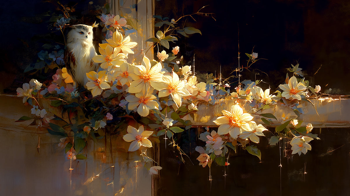 A moody mural design featuring an owl perched among bright yellow and cream flowers against a dark, charcoal background.