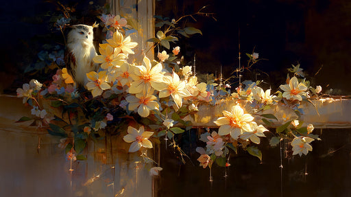 A moody mural design featuring an owl perched among bright yellow and cream flowers against a dark, charcoal background.