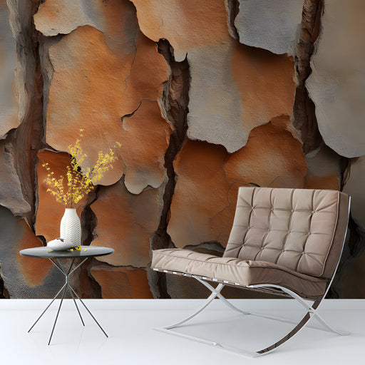 Living room featuring natural pine bark mural wallpaper behind a tan leather sofa
