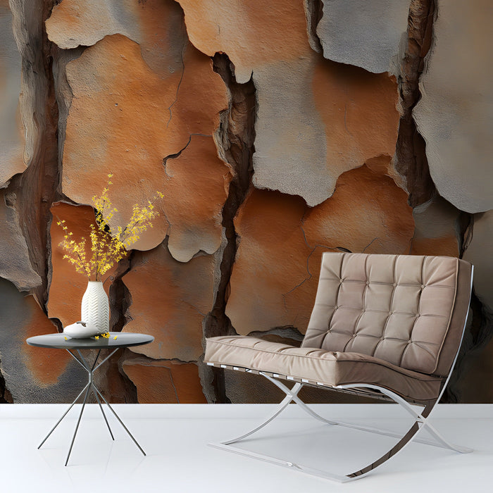 Living room featuring natural pine bark mural wallpaper behind a tan leather sofa