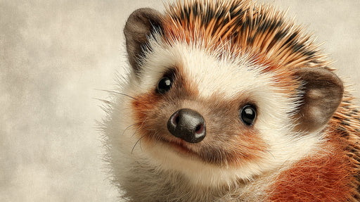 Close-up of a hedgehog with cream fur, amber quills, and a charcoal nose on a textured beige background
