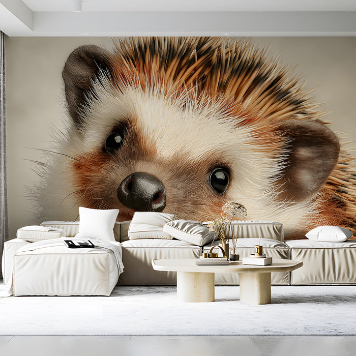 Detailed animal portrait wallpaper in a modern hallway with neutral decor