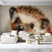 Detailed animal portrait wallpaper in a modern hallway with neutral decor