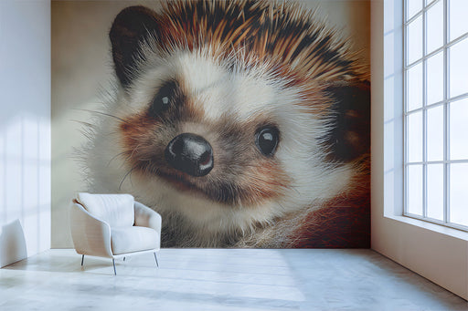 Whimsical hedgehog mural installed in a nursery with light wood furniture
