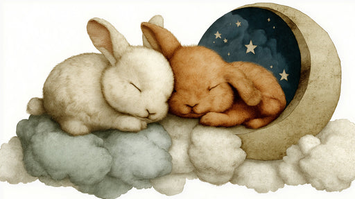A watercolor style illustration of a white and a caramel bunny sleeping on clouds with a crescent moon and stars.