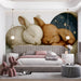 A playroom wall styled with the whimsical sleeping bunny mural and soft, ambient lighting for a calm environment.