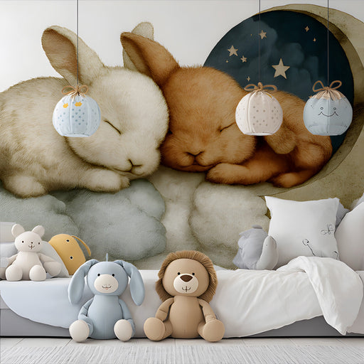 A nursery wall featuring the bunny and moon mural above a white wooden crib and neutral bedding.