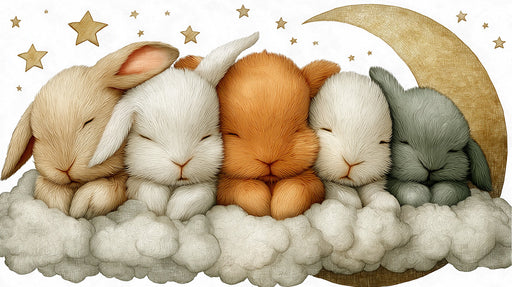 A whimsical illustration of five sleeping bunnies in shades of beige, white, and sage resting on clouds with a gold moon.