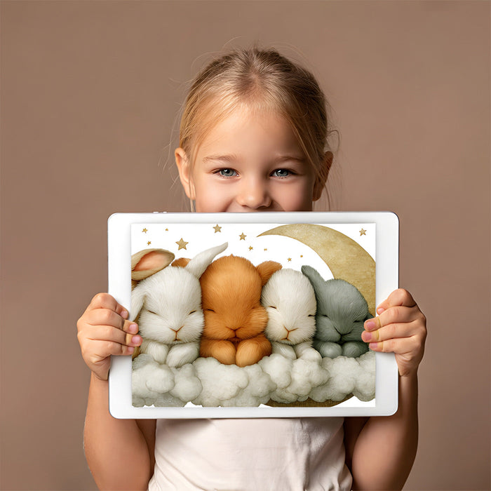 Whimsical bunny mural design used as a charming feature wall in a cozy kid's bedroom.