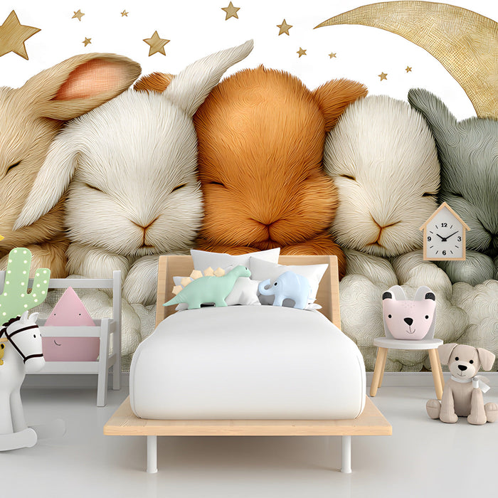 Soft bunny and moon wallpaper styled in a calming playroom area for a playful yet serene look.