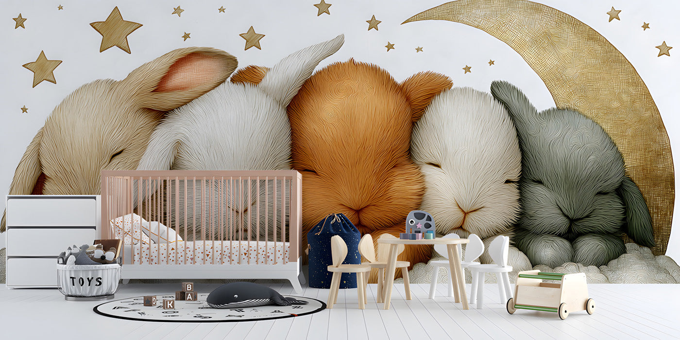 Sleeping bunnies wallpaper installed in a peaceful nursery with soft beige furniture and warm lighting.