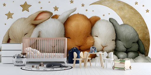 Sleeping bunnies wallpaper installed in a peaceful nursery with soft beige furniture and warm lighting.