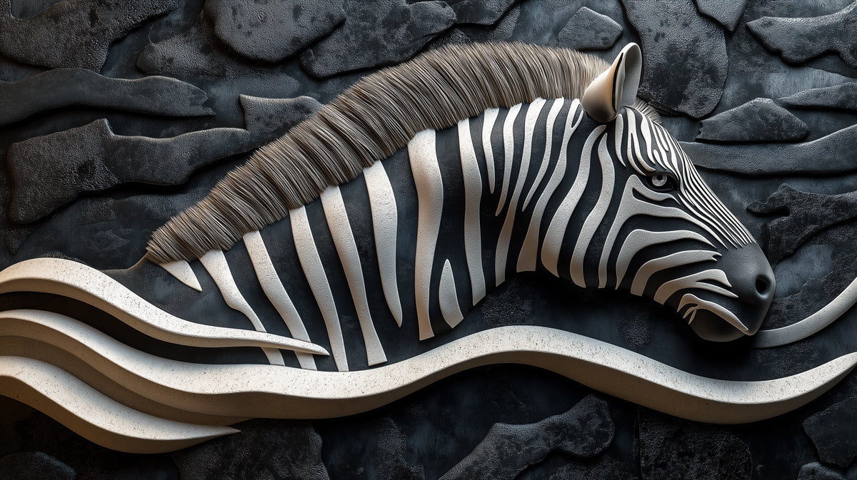 A 3D relief mural of a zebra head in charcoal and ivory on a stone-textured black background