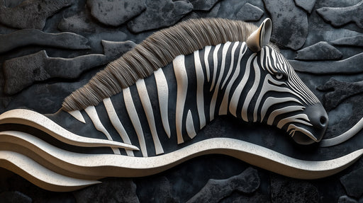 A 3D relief mural of a zebra head in charcoal and ivory on a stone-textured black background
