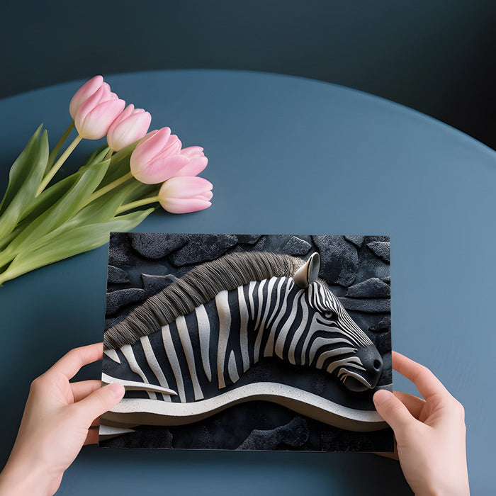 A stylish home office with the monochromatic zebra relief mural on a focal wall