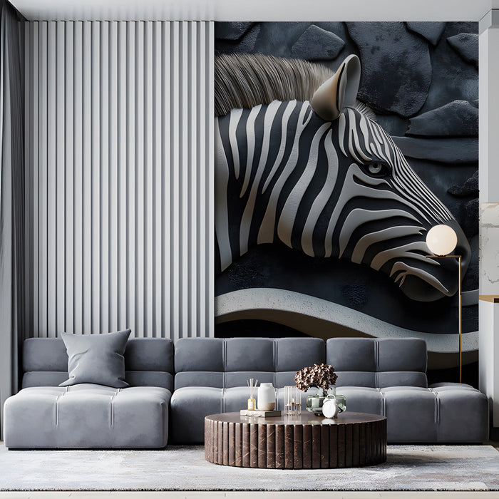 A sophisticated bedroom interior displaying the detailed zebra wall art